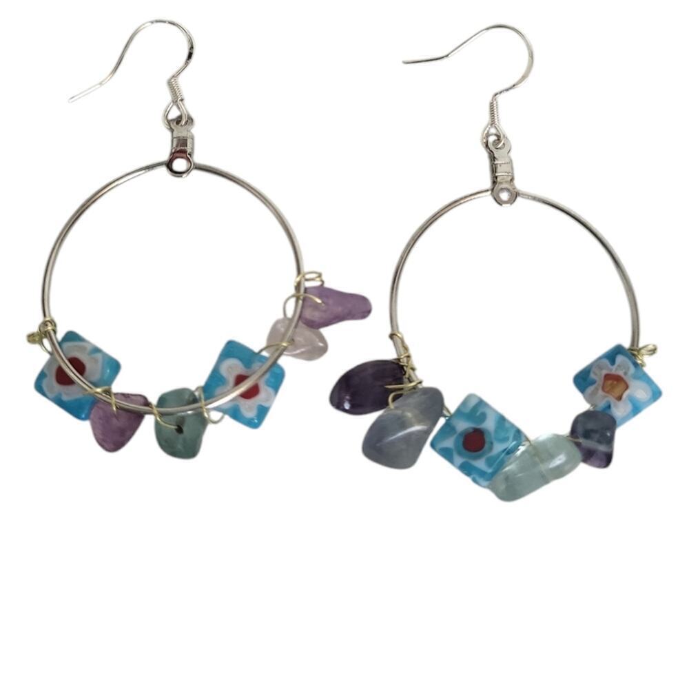 Fluorite Millefiori Lampwork Glass Beads Hoop Earrings